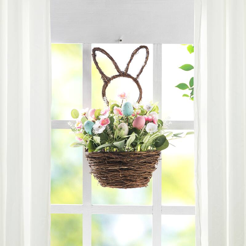 Glitzhome Easter Bunny Shaped Wreath with Eggs Satin Ribbon Bow Basket