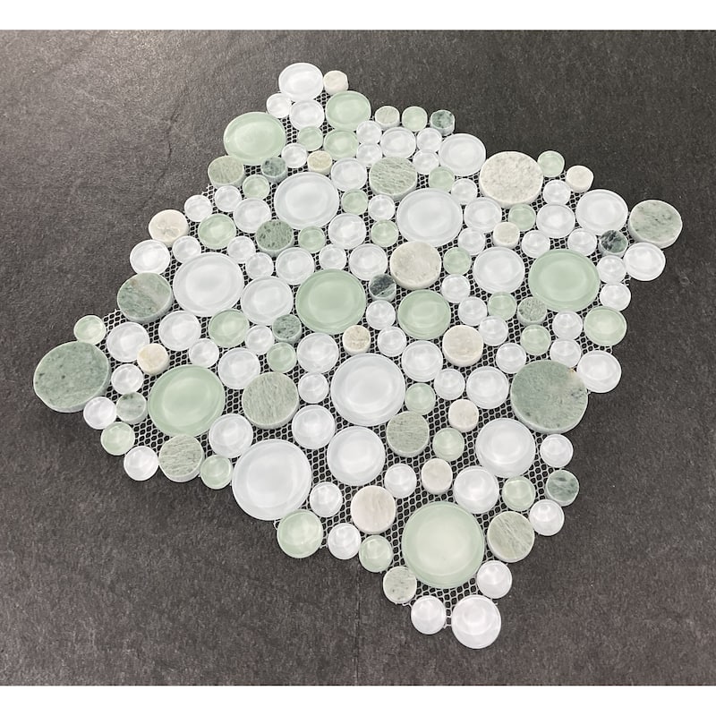 Green & White Pebble Round Glass And Marble Mosaic Tile - Case (10 Sheets)