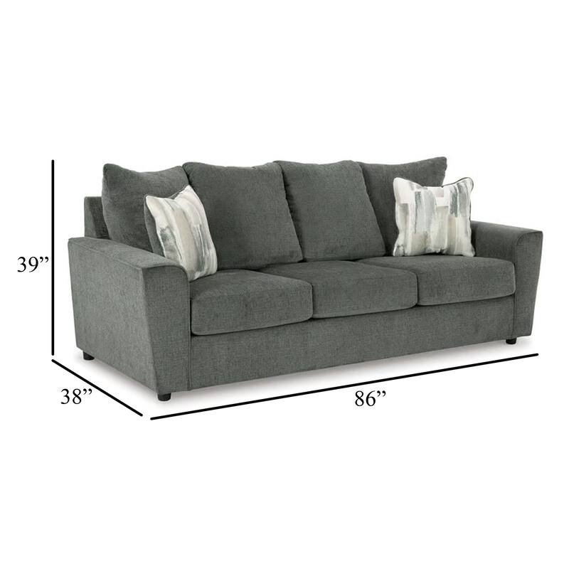 Ratty Sofa, 86 Inch Gray Polyester, Welt Trims, 2 Accent Pillows
