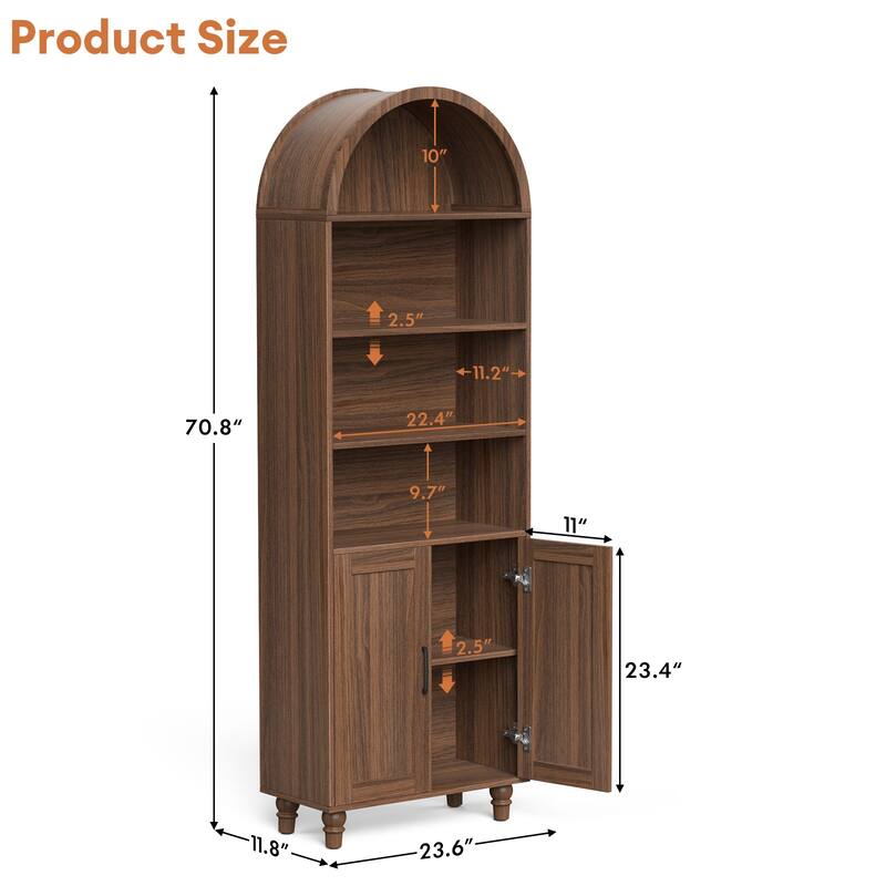 70" 6-Tier Arch Bookcase with Adjustable Shelves, Walnut Storage Cabinet for Living Room & Bedroom