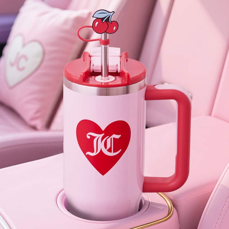Juicy Couture Jetsetter Hydration Stainless Steel Tumbler with Handle and Straw With Topper