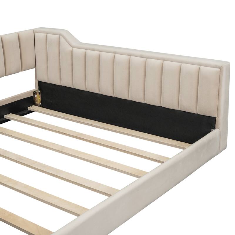 Upholstered Daybed with Sloped Arms and Side Pocket, Vertical Stripes Grounded Daybed with Wood Slat Support, Velvet Fabric