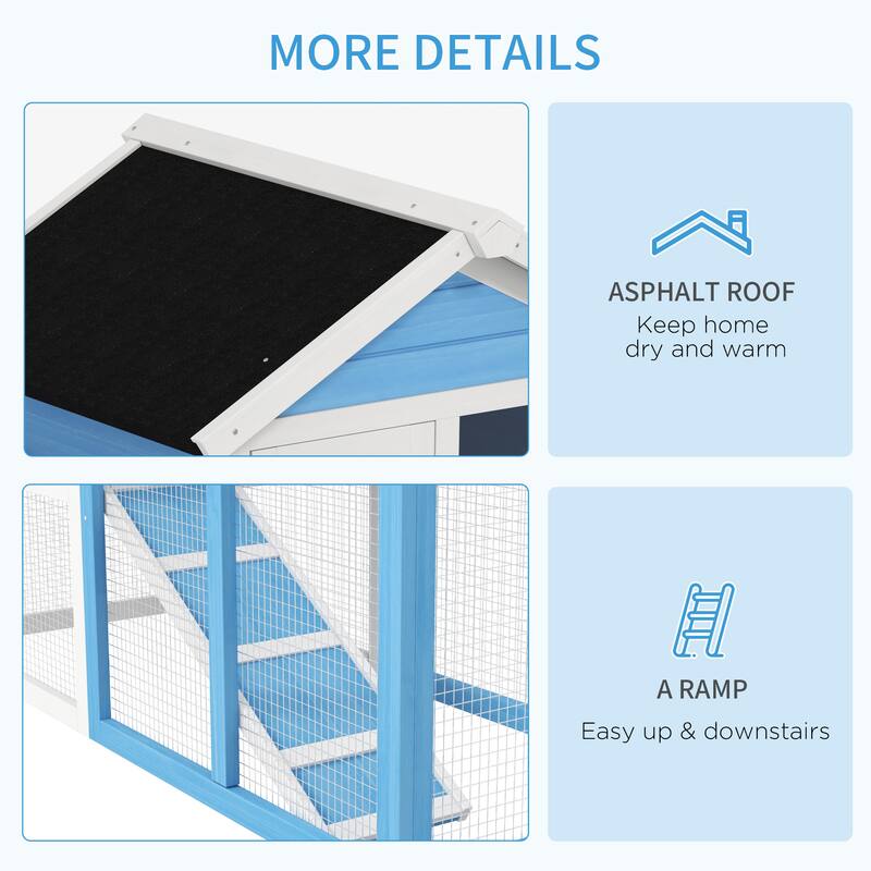 Light Blue Indoor Outdoor Wooden 2-Story Bunny Hutch with Run and Ramp Tray - 48" L x 24.75" W x 36.25" H