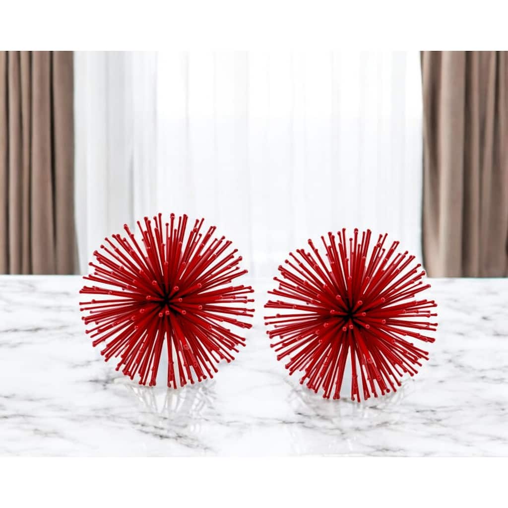 HomeRoots Set of Two Red Iron Decorative Spiky Sphere Tabletop Sculpture - 4' X '4' X '4