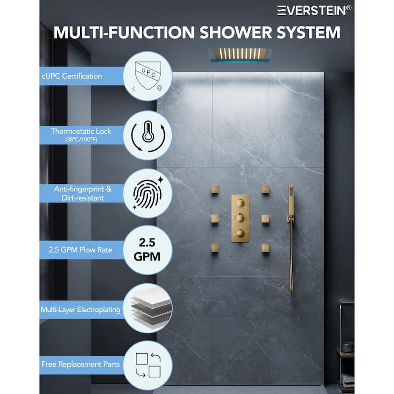 Thermostatic Rainfall Shower System,12 Inch 64-Color LED Mood Lighting Shower Faucet Set with 6 Body Jets