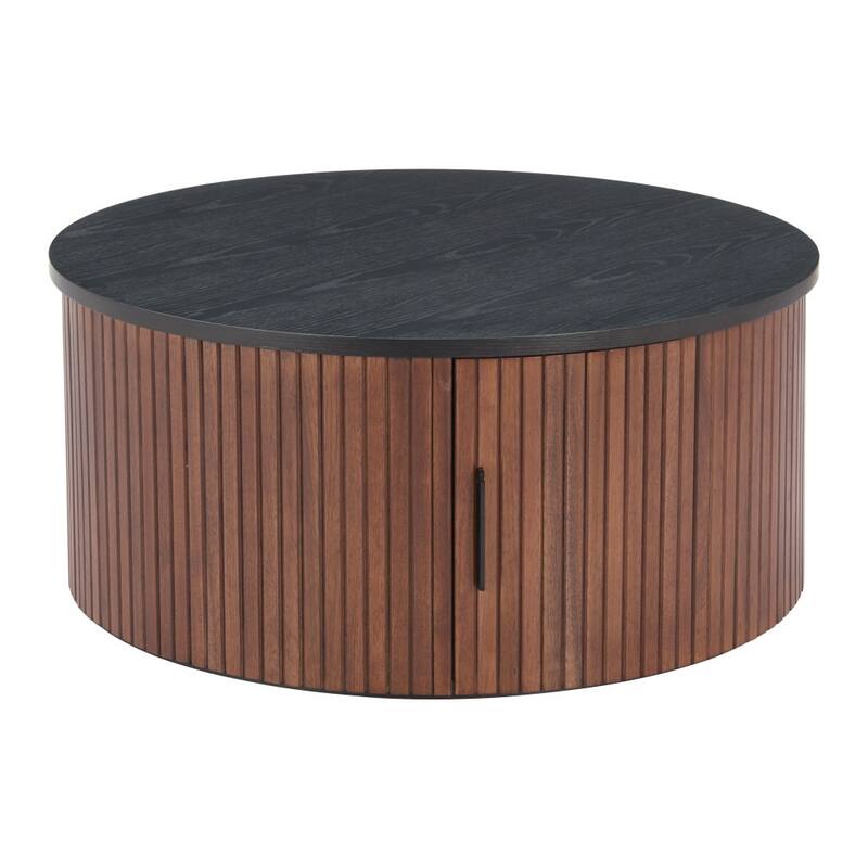 HomeRoots 32" Black and Walnut Wood Round Drum Coffee Table - 32.00 in. x 14.20 in. x 32.00 in.