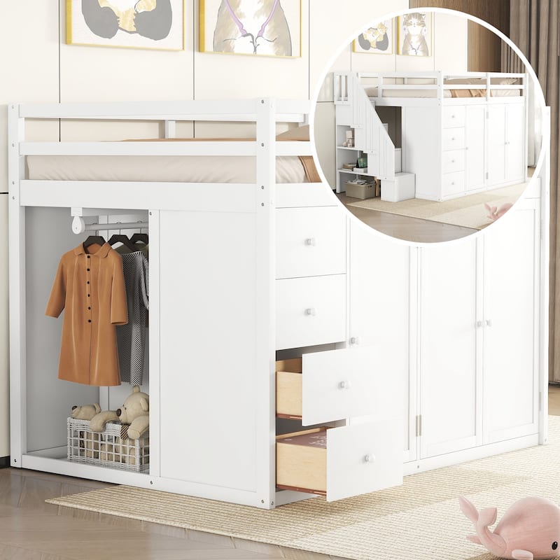 Full Size Wood Loft Bed With Built-in Wardrobes, Cabinets and Drawers - White