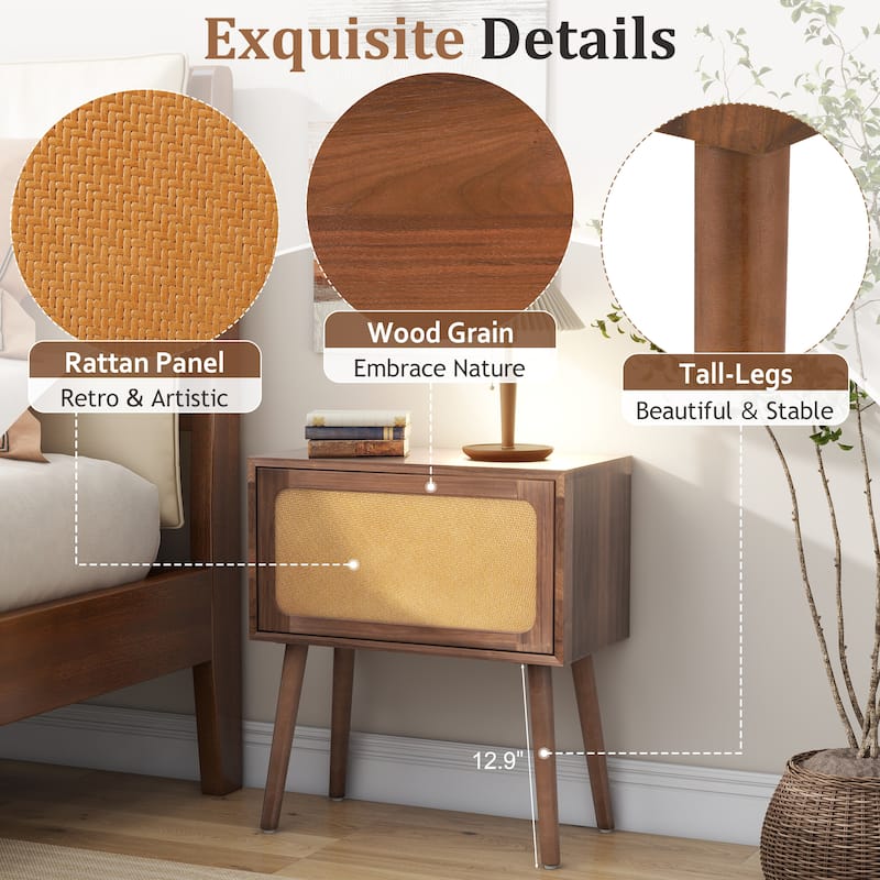 Mid-Century Modern Rotating Hidden Compartment Rattan Nightstand - Walnut