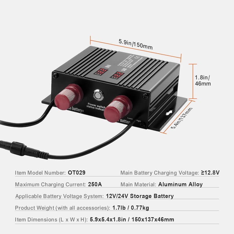 250 AMP Dual Battery Smart Isolator, 12V/24V, Universal VSR Voltage Sensitive Relay Battery Isolator Intelligent with LCD Screen