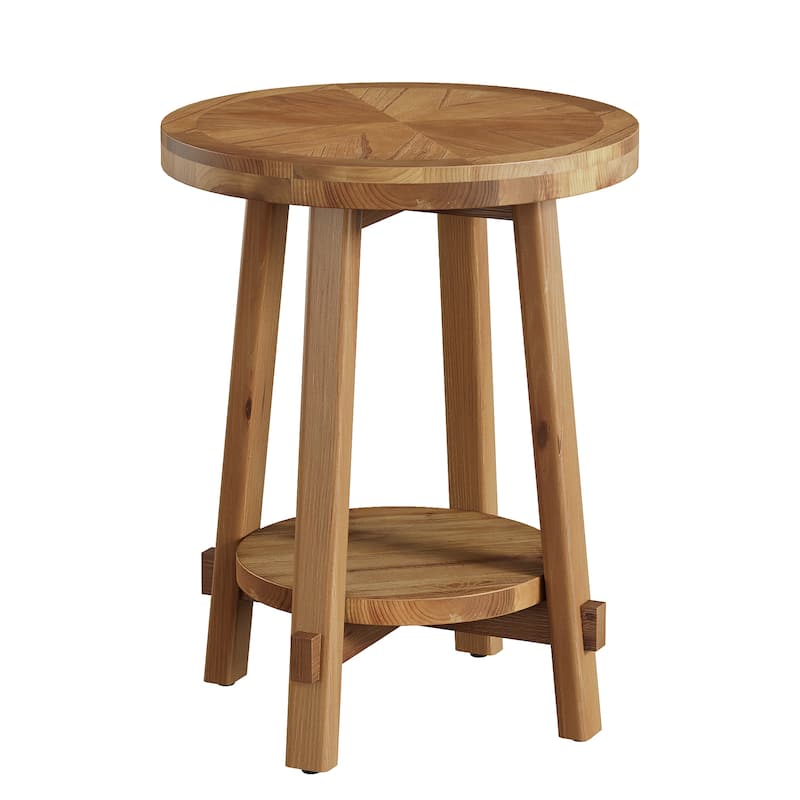 Solid Wood Side Table, Round End Tables with 2-tier Storage - 19.69" D x 19.69" W x 25.98" H
