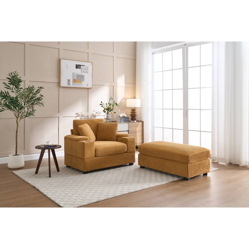 Corduroy Sofa Set with Ottoman, Handrail Storage & Cup Holders