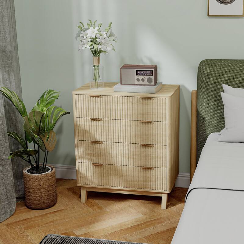 HOMCOM Fluted Dresser for Bedroom with 4 Drawers, 28" Wide Chest of Drawers with Gold Finger Pulls and 4 Wood Legs, Natural Wood