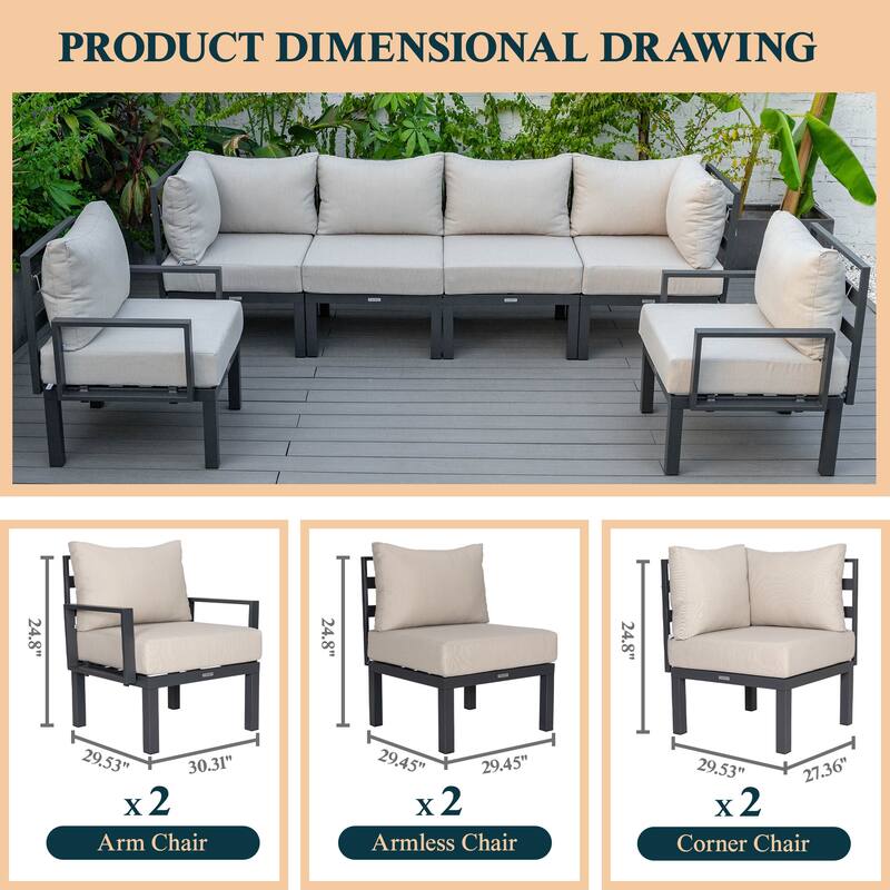 Chelsea 6-Piece Outdoor Patio Sectional Set in Black Aluminum with Removable Cushions for Backyard Garden and Patio Deck