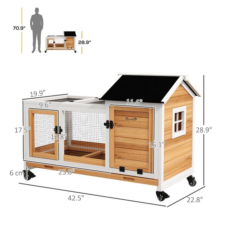 PawHut Indoor Outdoor Wooden Rabbit Hutch with Wheels, Large Bunny Hutch with Run & Slide-Out Tray for Small Animals