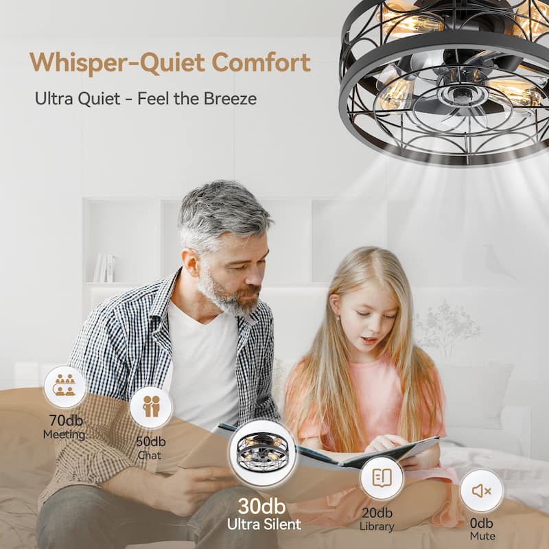 Breezary 16.5"/20" Vintage Distressed White/Matte Black Low Profile Ceiling Fan with Remote (7-Blade)