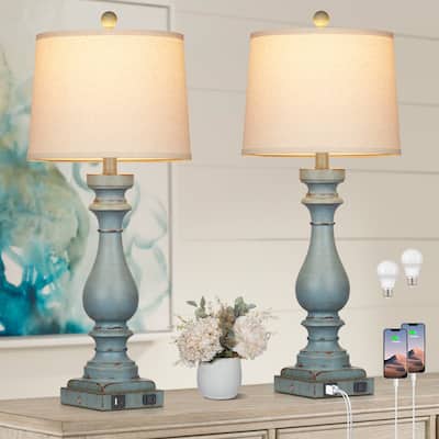 Table Lamp Blue Resin Drop Style Tilted Shade 3-Way Dimming Touch Switch USB Type-C Charging Ports AC Outlet No Strobe(Set of 2)
