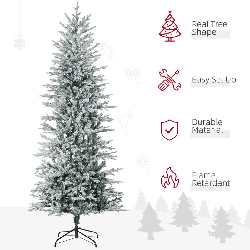 7.5ft Tall Prelit Artificial Christmas Tree Holiday Décor with 850 Snow Flocked Branches, 350 Warm Yellow Clear Lights - Green