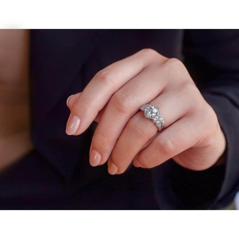Kobelli 1.8 Carat Moissanite & Natural Diamond 14k Solid White Gold Geometric Art Deco Clara 2pc Bridal Set