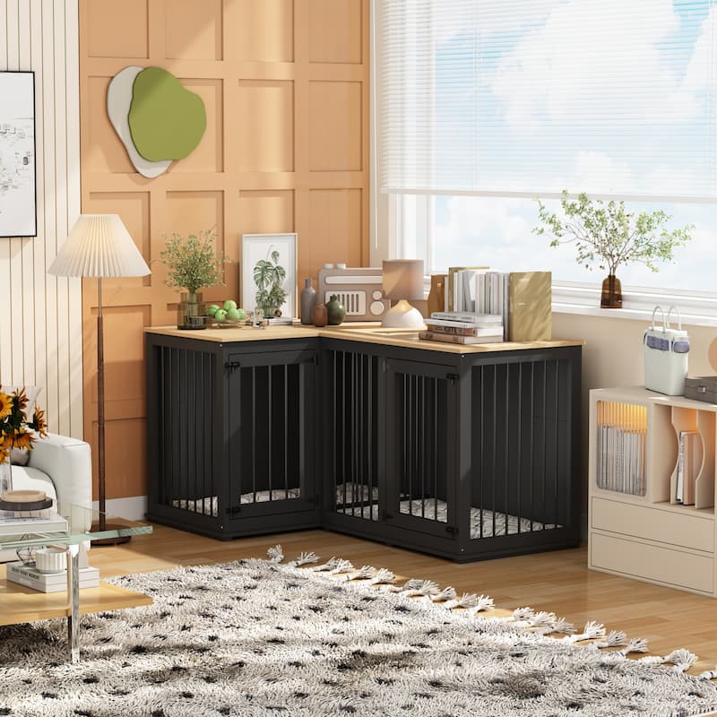 Corner Dog Crate Furniture for 2 Dogs with Double Rooms & Divider