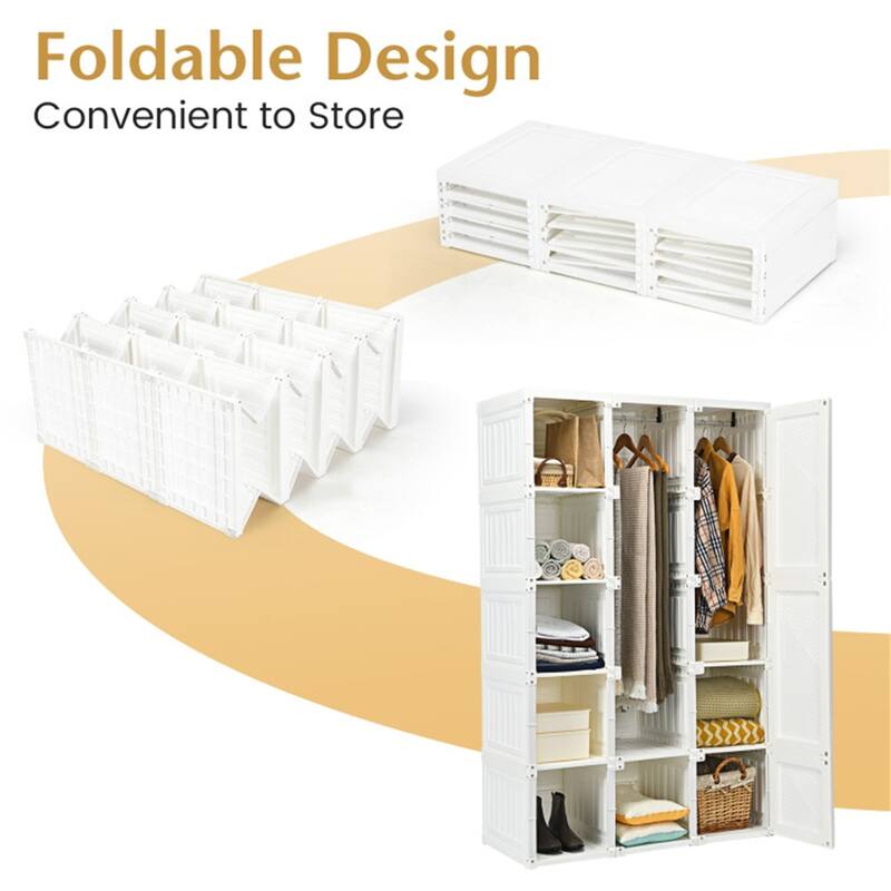 White PP and ABS Foldable Portable Closet with 10 Cubbies, Rods and Magnet Doors - 40.9" x 19.7" x 66.9" (L x W x H)