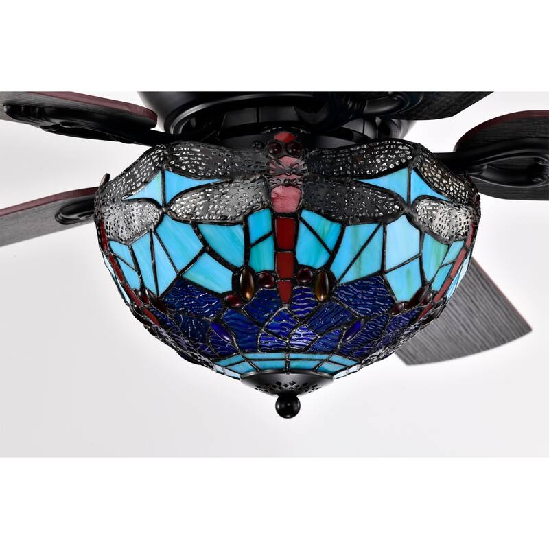 Pluvey 52-Inch Flushmount Lighted Ceiling Fan Blue Red Draginfly Tiffany Glass Lamp Black Finish