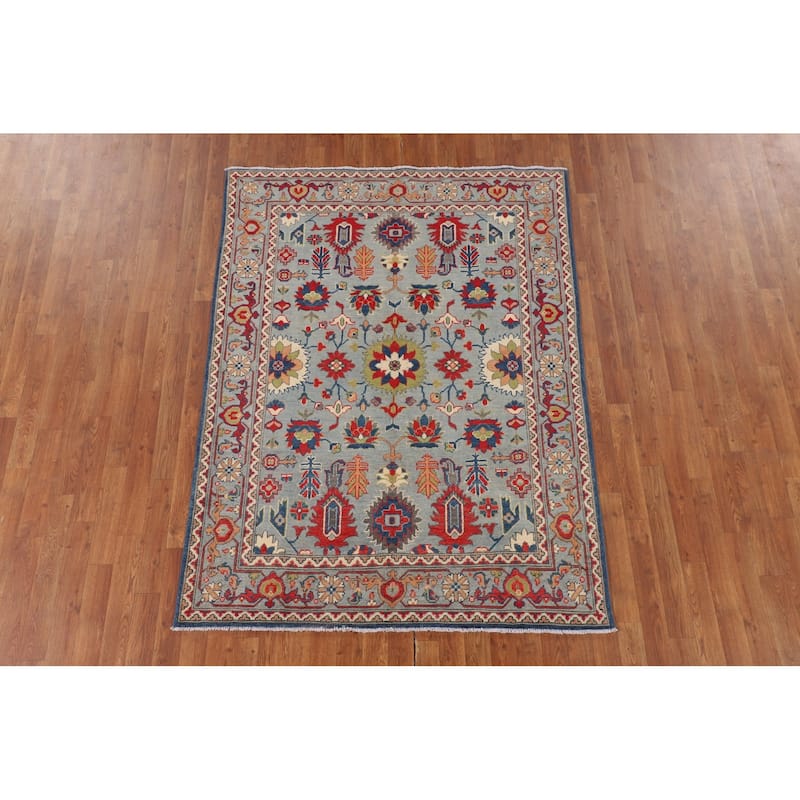 Kazak Area Rug Hand-Knotted Blue Oriental Wool Carpet - 4'9" x 6'5"