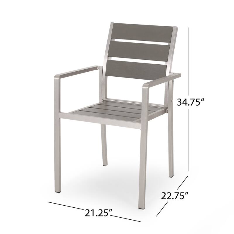 Roomfitters Modern Outdoor Aluminum Dining Chairs with Faux Wood Seat and Rust Resistant Frame, Grey, Set of 2
