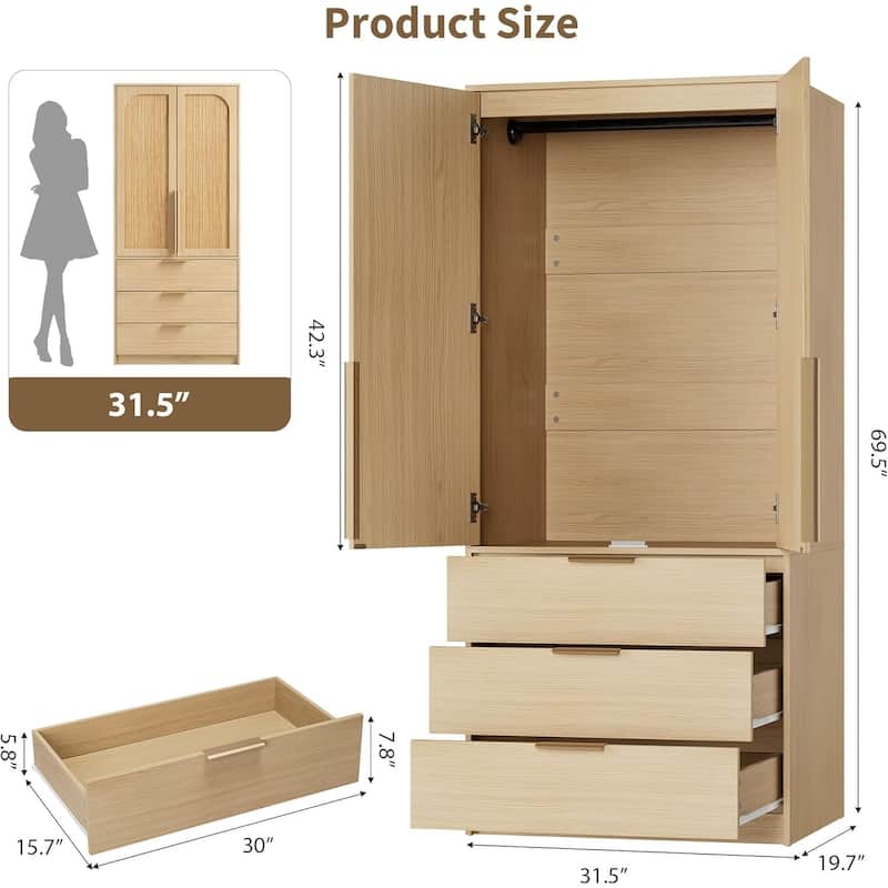 Garvee Rattan Door Armoire Wardrobe Closet, 69.5" Wooden Wardrobe Cabinet with 3 Drawers