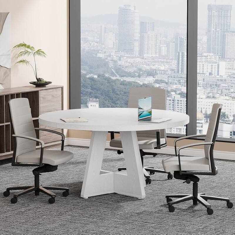 47" Round Conference Table Meeting Room Table with Thickened Top Wood Base Modern Training Desk for Conference/Seminar Room