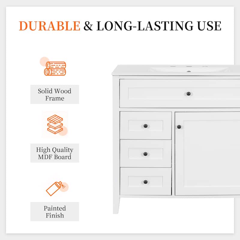 36-Inch Bathroom Vanity with Sink, MDF and Solid Wood Cabinet, 3 Drawers and Adjustable Shelf, Freestanding Design