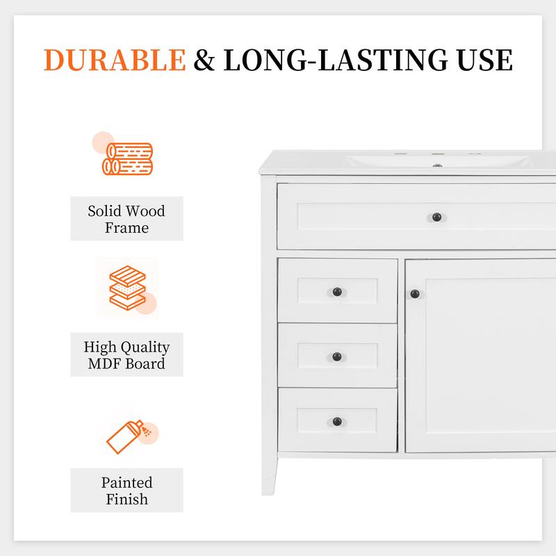 36-Inch Bathroom Vanity with Sink, Modern MDF and Rubberwood Cabinet with 3 Drawers and Adjustable Shelf, Freestanding Vanity