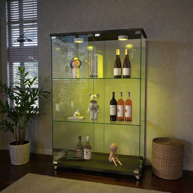 Modern Glass Display Cabinet with LED Lights, 2-Door Tempered Glass Bookshelf with 3 Shelves and Wheels for Living Room