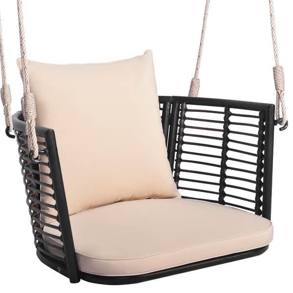 slide 2 of 7, Single Person Hanging Seat with Woven Rattan Backrest for Backyard - 30.5" x 24.5" x 15"