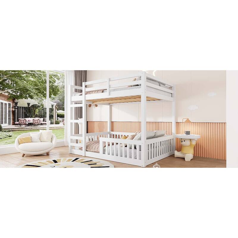 Roomfitters Full Over Full Wood Bunk Bed with Ladder and Guardrails, Solid Pine