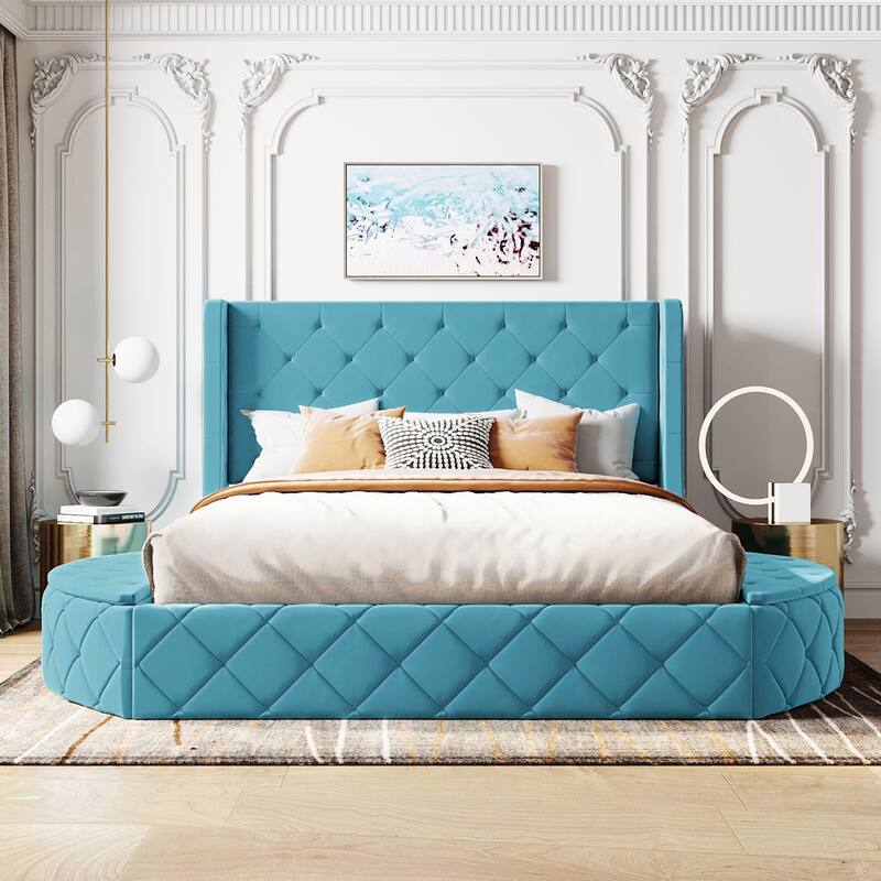 Low Profile Bed Queen Size Velvet Upholstered Platform Bed with Wingback Headboard, Big Drawer and 2 Semicircle Side Stools