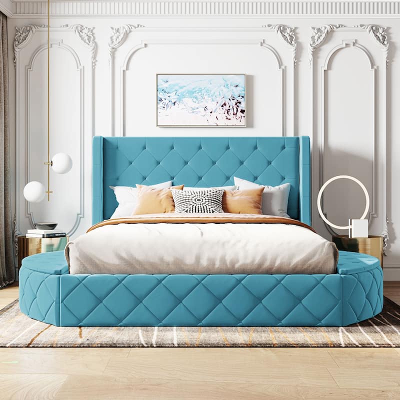 Queen Size Platform Bed with Drawer and 2 Side Storage Stool Velvet Upholstered Bed - Blue - Queen