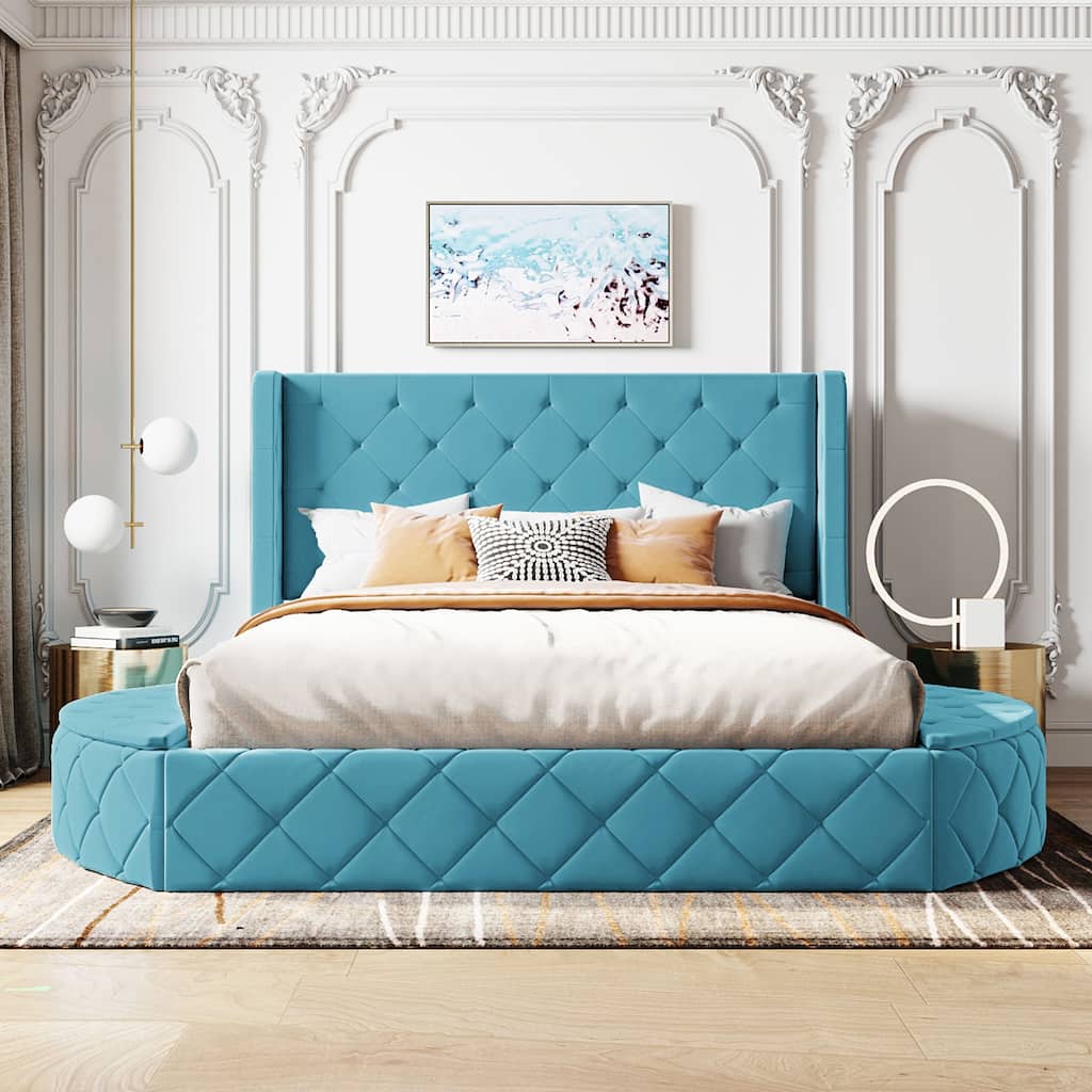 Queen Size Velvet Platform Bed with Wingback Headboard, Storage Drawer, and Side Stools