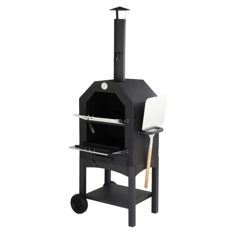Freestanding Outdoor Wood-fired Pizza Oven with Thermometer and Wheels - N/A