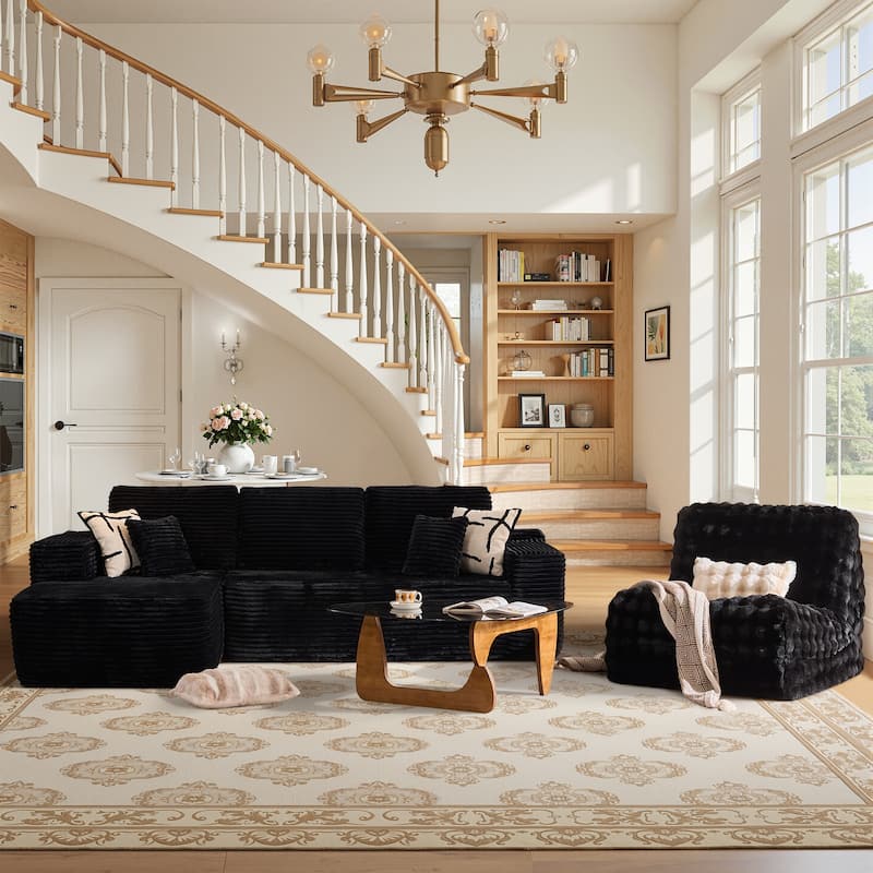 XIZZI Modern Plush Sectional Chaise Couch with Bean Bag Chair - Black - Left Facing