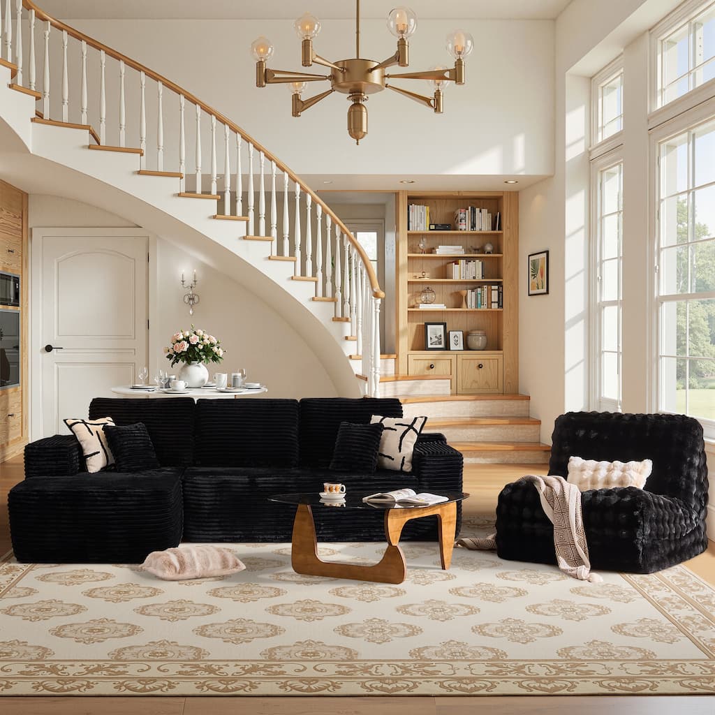 XIZZI Modern Plush Sectional Chaise Couch with Bean Bag Chair
