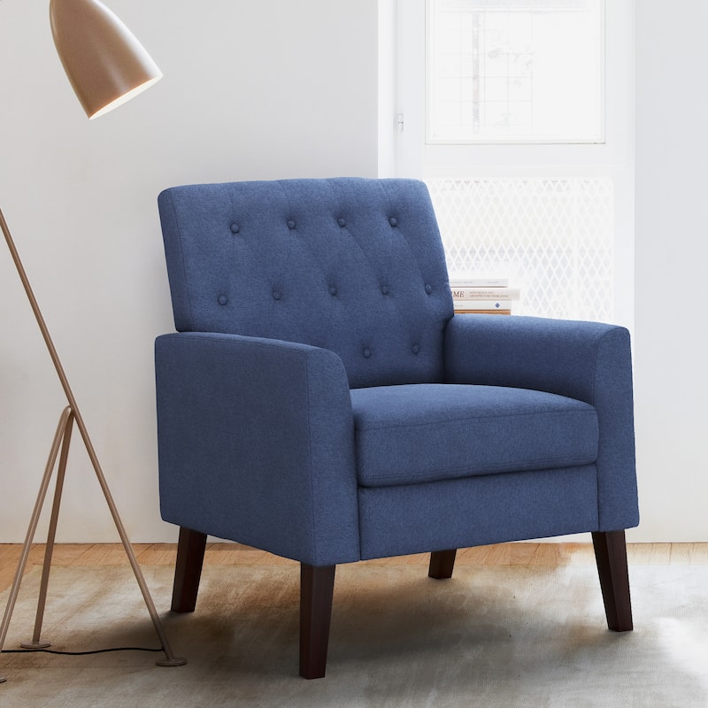 LUE BONA Linen and Walnut Legs Mid Century Modern Button Tufted Accent Chair - 29.53'' H X 30'' W X 33.07'' D - Navy Linen