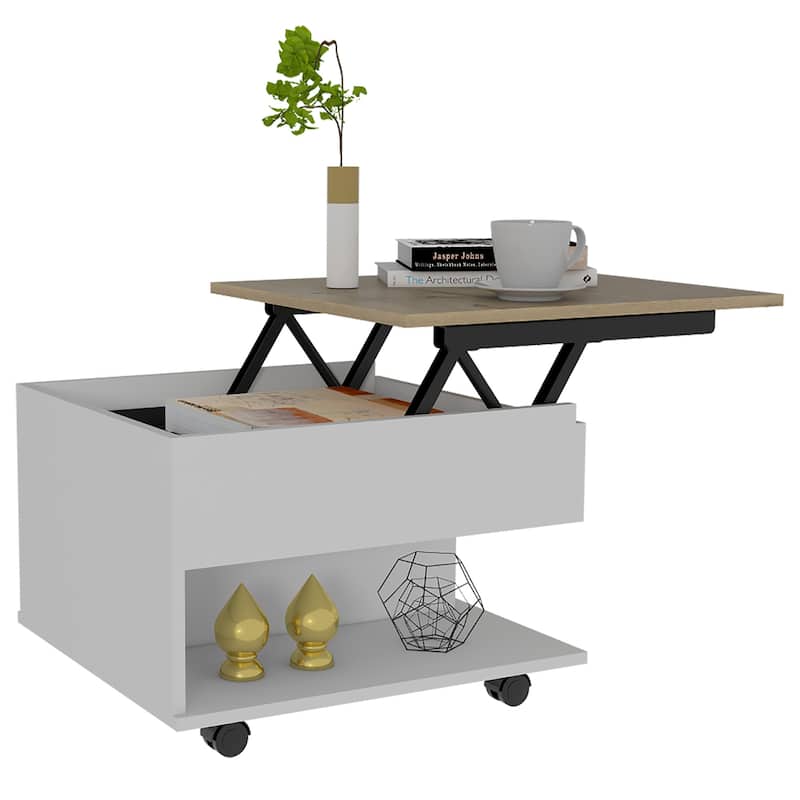 FM Furniture Portland Lift Top Coffee Table with Open Shelf and 4 Locking Caster Wheels