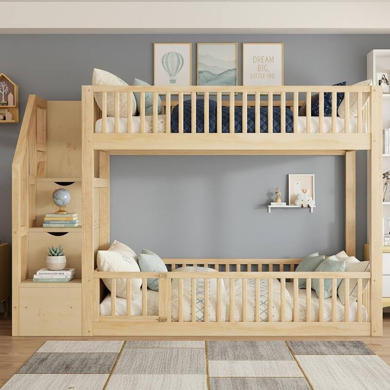 Twin Over Twin Wood Bunk Bed with Reversible Storage Stairs by Harper&Bright Designs.