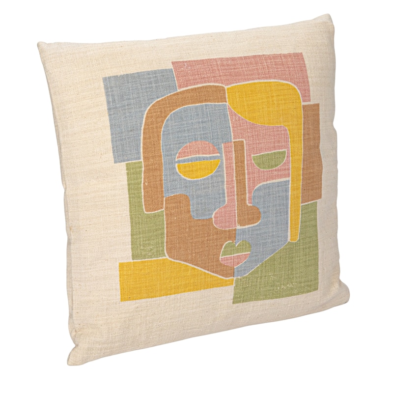 Woven Cotton Slub Printed Pillow with Abstract Face