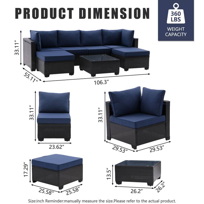 Modern Patio Sectional Couch Furniture Set,Coffee Rattan Sofa Set with Corner Chairs,Ottomans and Glass Top Table,Blue Cushions