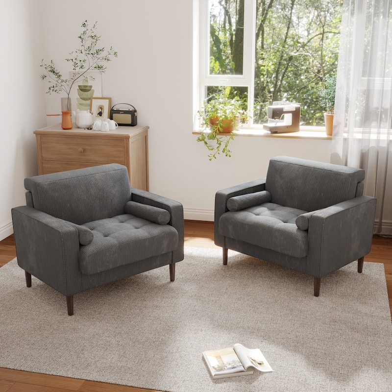 Corduroy Upholstered Accent Chair with Bolster Pillows Set of 2