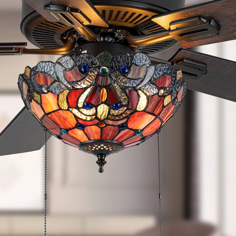 52" W Magna Carta Indoor Tiffany Stained Glass Oil Rubbed Bronze Ceiling Fan with Remote Control