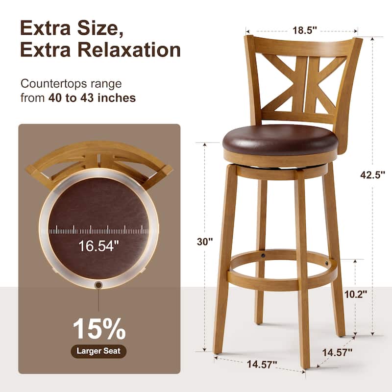 26"/30" Counter Height Bar Stools, Kitchen Wooden Swivel Bar Chairs with Back