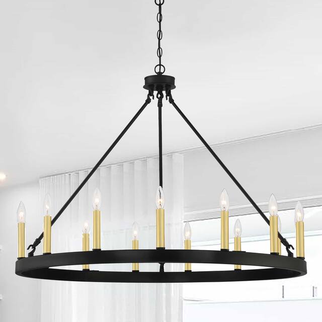 Acroma 15 Light 40 In Modern Farmhouse Wagon Wheel Chandelier-UL - Aged Zinc &Satin Brass