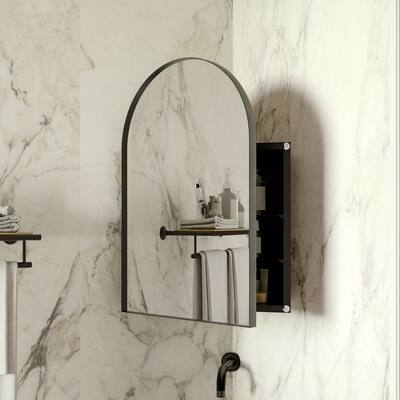 18x24 Inch Metal Corner Medicine Cabinet with Arched Mirror, Adjustable Glass Shelves, Space-Saving Bathroom Storage